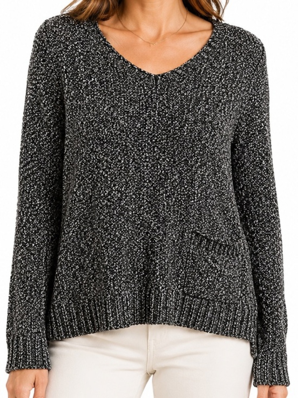 Eileen Fisher Women’s Textured Cotton Sweater L Black White Speckled Knit Top